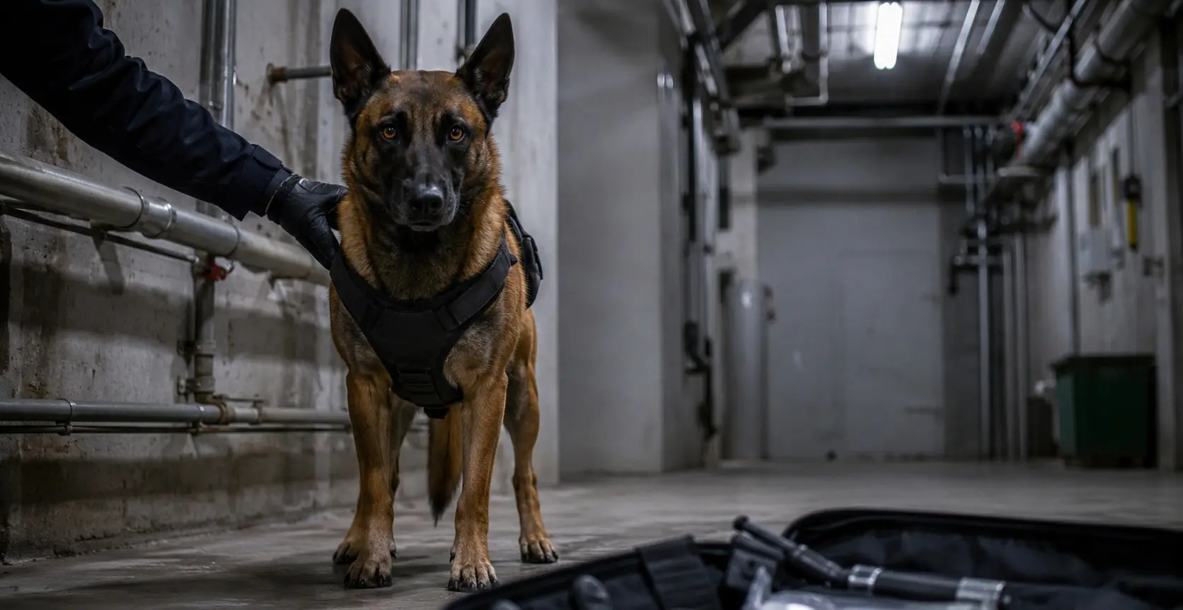 Malinois belga cane da servizio in ambiente di addestramento industriale — prontezza operativa K9